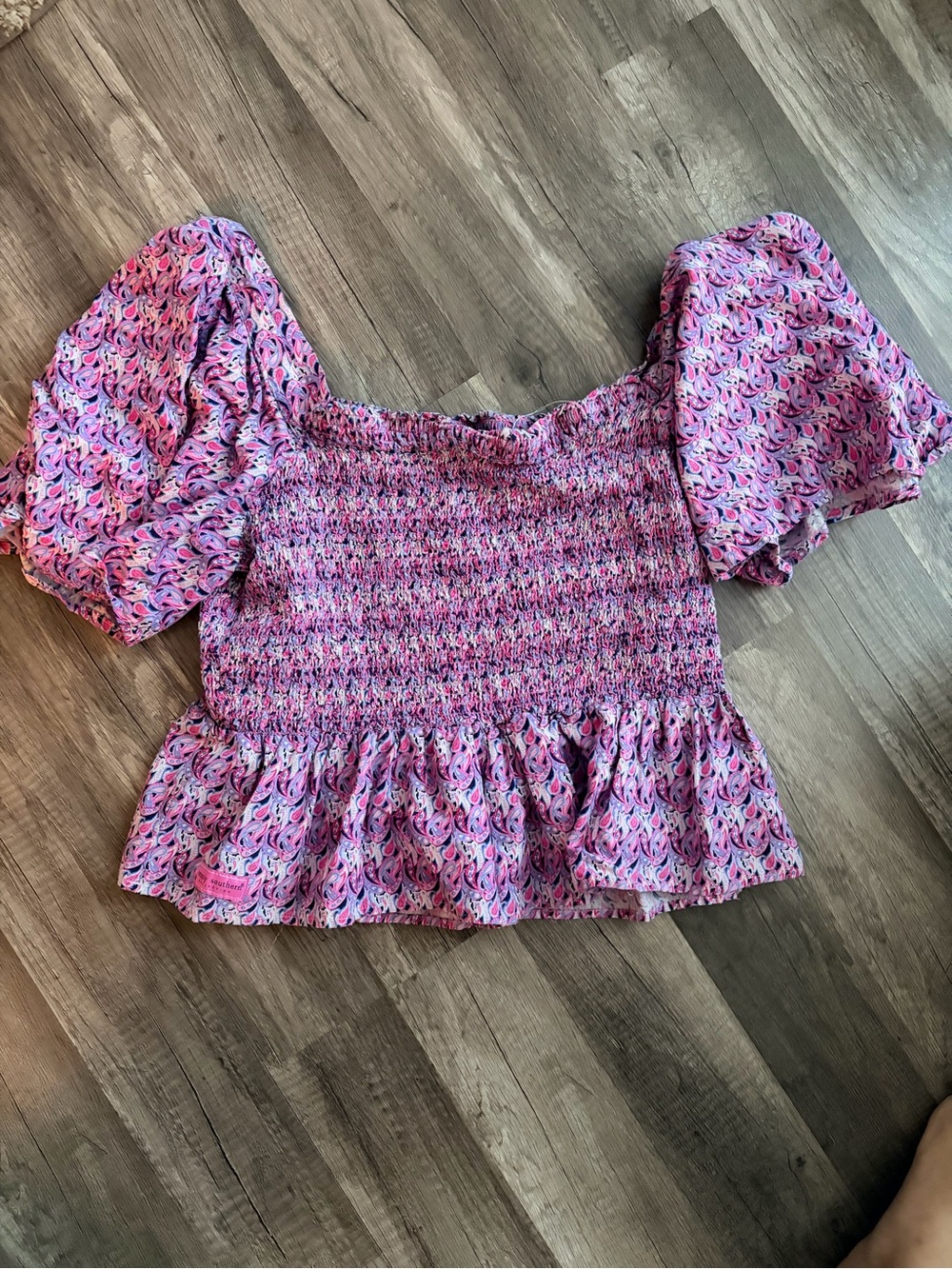 Simply Southern Pink Paisley Smocked Puff Sleeve Crop Top